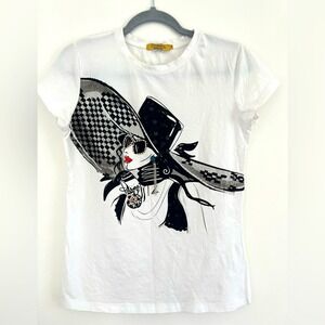Vinizbena T-Shirt White Graphic Print Woman with Hat‎ Rhinestone Embellished